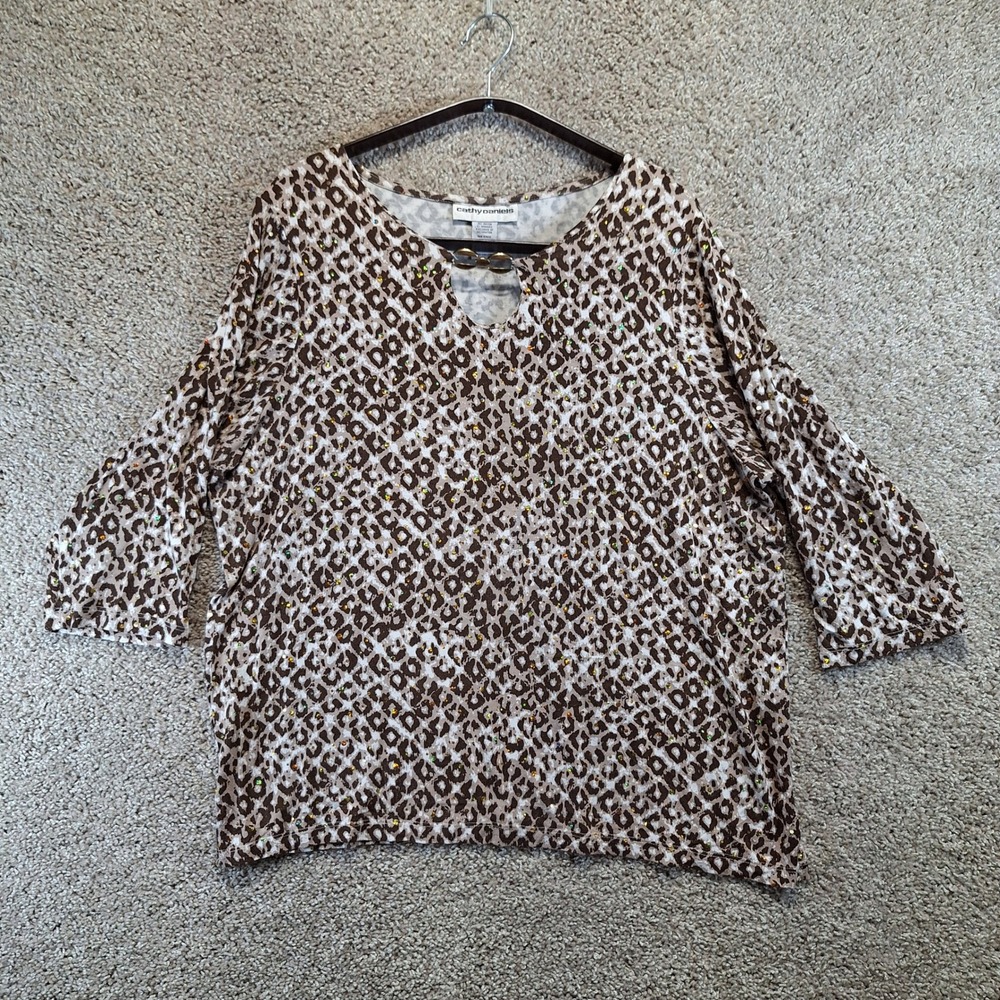 Cathy Daniels Top Women XL Multicolor Leopard Print Sequin Keyhole Casual Chic